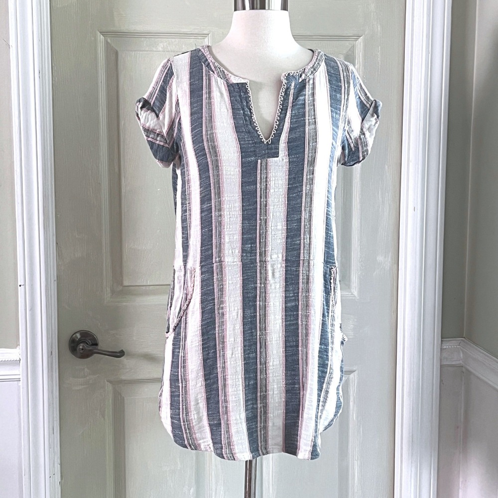 Rip Curl Striped Tunic Dress XS Womens Split V-Neck Mini Blue White Coastal Surf